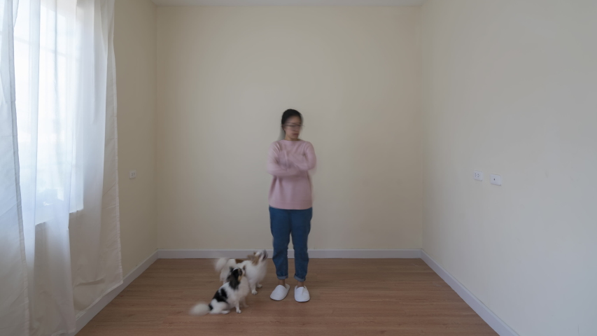 Timelapse of asian woman with pet set up room for work from home in quarantine social distance work remotely concept. New office setup, cleaning housework in new normal asia life or home decoration. Royalty-Free Stock Footage #1054748552