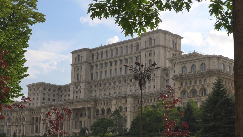 4k video Exterior of Romania’s Palace of Parliament, known as House of the People. Built in Bucharest by former dictator Nicolae Ceausescu during the communist Romania