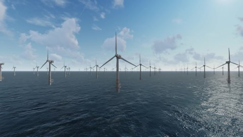 Wind farm on the water. Pure wind energy. 3D illustration, 3D rendering.