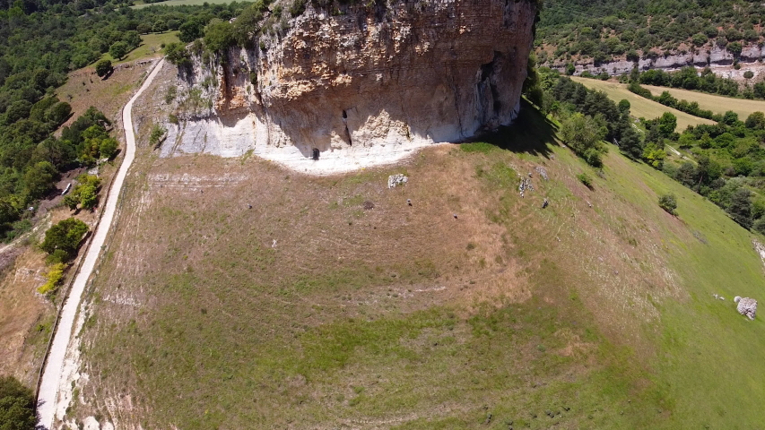 Aerial view of picturesque hermitage in San pantaleon de Losa, Burgos, Spain. High quality 4k footage