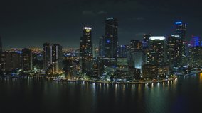Aerial reveal Brickell Miami city night footage