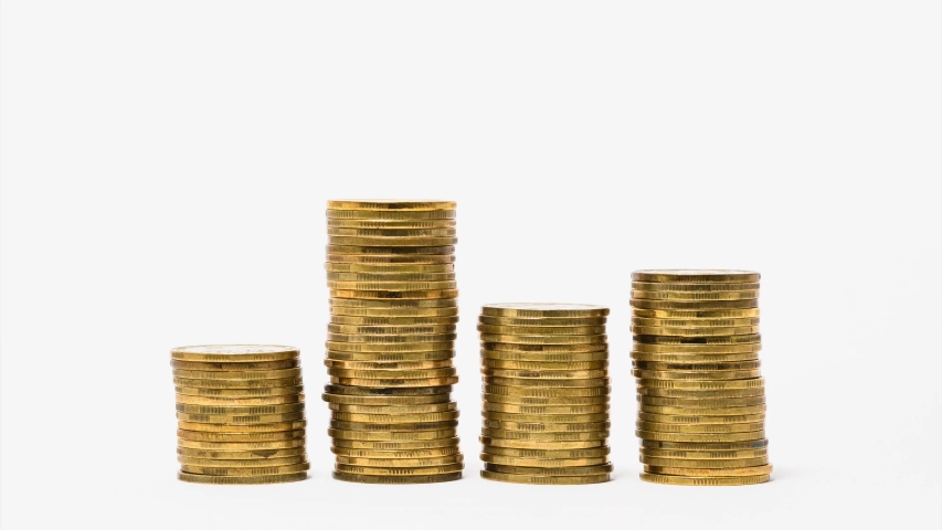 Four piles of gold money coins decreasing fading disappear one by one at white isolated background, financial trading concept Royalty-Free Stock Footage #1054756292