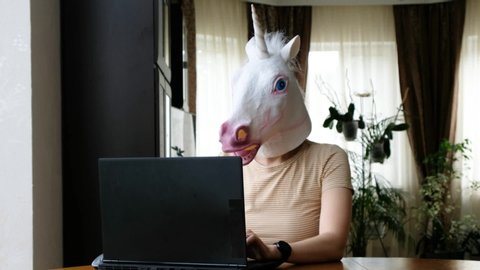 Weird funny video - woman with head of unicorn working on a computer. Self isolation.