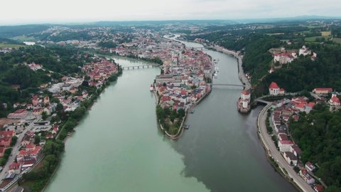 Aerial Landscape of Passau, Bavaria in South Germany where the three Rivers Donau, Ilz and Inn merge.