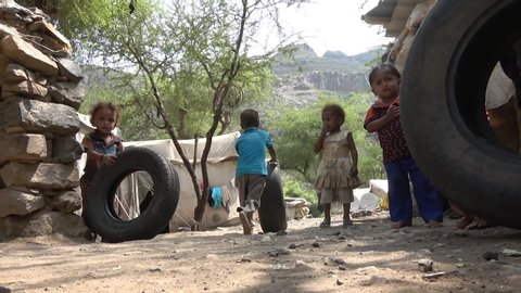 Taiz  Yemen - 16 Mar 2017 :Yemeni children play inside a camp for displaced people fleeing the hell of war between the Houthi militia and the national army in Taiz