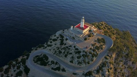 AERIAL WS Lighthouse on top of cliff of Cap de Formentor / Majorca, Spain