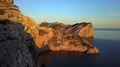 AERIAL WS Cliffs of Cap de Formentor near Puerto Pollenca in sunlight / Majorca, Spain