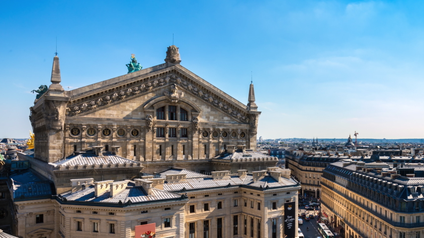 Opera Palais Garnier exterior and cityscape with Eiffel Tower
