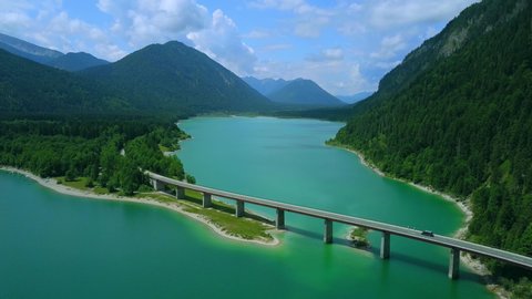 AERIAL WS Landscape with mountains and Sylvenstein Reservoir / Upper Bavaria, Germany