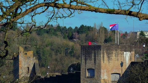 WS Flags on top of Old Fortress at Montee de Clausen / Luxembourg City, Grand Duchy of Luxembourg, Luxembourg, Buildings/Landmarks