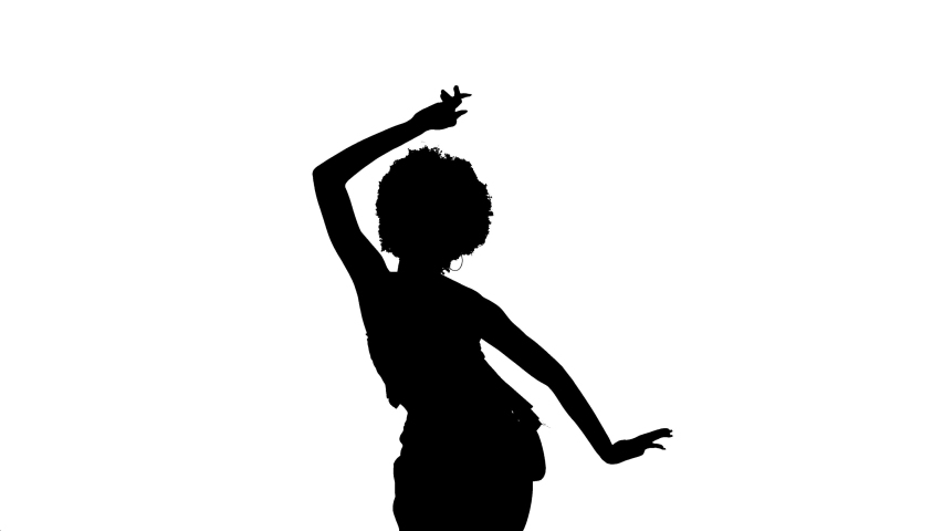 Cropped back view of a woman with Afro hairstyle dancing, sensually moving her body and hands. Booty style dance. Isolated, black and white, silhouette