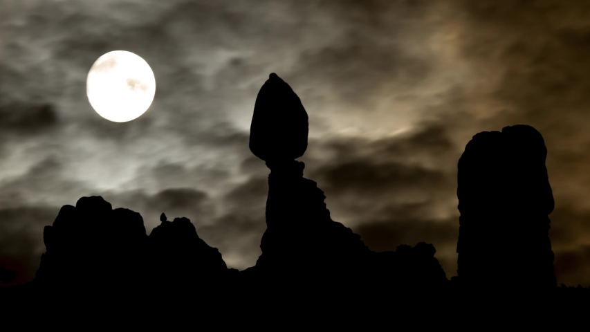 Arches National Park by Night with Balanced Rock in Silhouette, Dark Atmosphere
