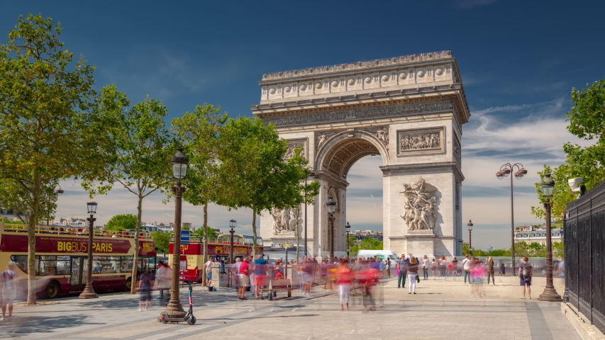 PARIS, FRANCE - AUGUST 25, 2020: paris city sunny day famous arch crowded traffic square timelapse panorama 4k circa august 25, 2020 paris, france.