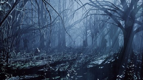 Zombies walk and crawl forward through the misty dark and scary forest. The concept of the zombie-apocalypse. Animation for fantasy, fiction, zombie and apocalypse backgrounds.