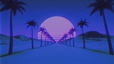 Vintage VHS noise and glitch effects. Retro futuristic animation. Sunset sun above horizon. Camera moves forward palm tree alley. Mountains and hills above the road. Retro wave, synthwave 80s, 90s