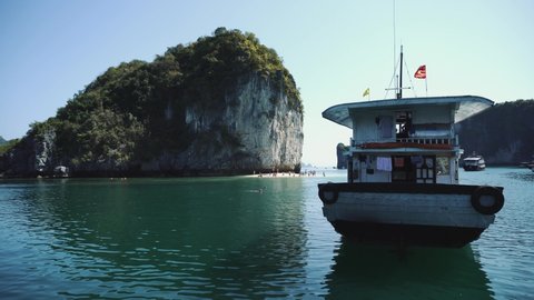 Tourist Cruise Ship Boat In Lagoon Halong Bay. Cat Ba, Vietnam - FEBRUARY 20, 2020