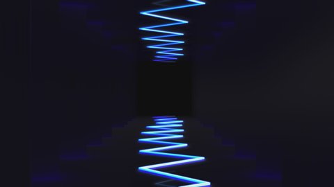 Abstract arrow seamless looped animation of neon, glowing light tubes, lasers and lines bouncing around and moving forward within a dark tunnel with fog and particles Blinking Lights Flash Club Disco.