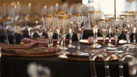 Crystal cut-glasses prepared on the table before an event