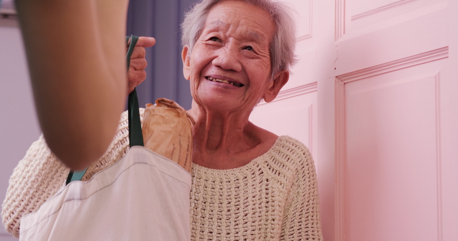 Female volunteer delivery food to poor senior woman at home. Volunteer and Donation concept. Royalty-Free Stock Footage #1054777154