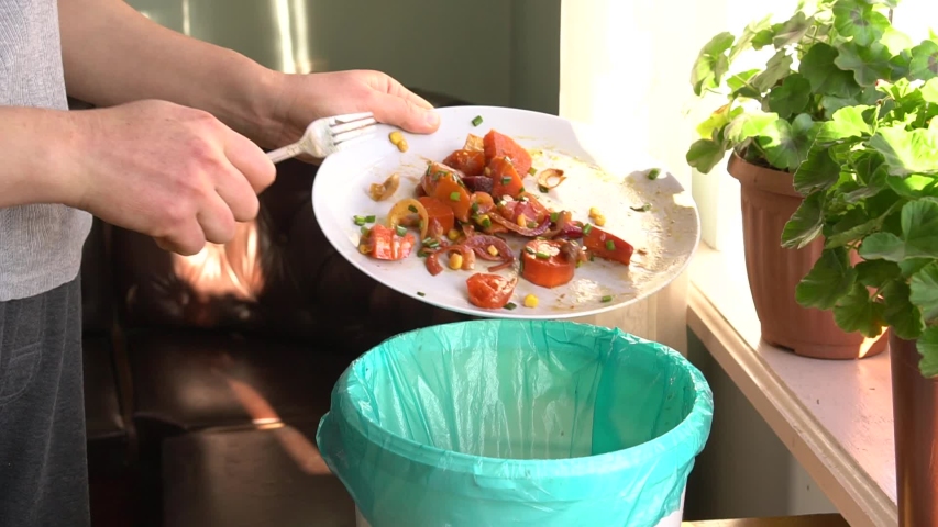 Throwing away uneaten food at home. Household Food Waste. Over-Preparing — household food waste is the result of people cooking or serving too much food.  Composting, recyclable materials Royalty-Free Stock Footage #1054779125