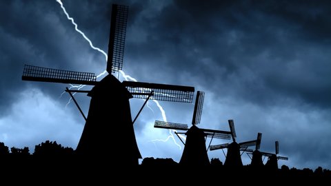 Netherlands Iconic Lanscape: Dutch Windmills, Storm and Lightning Time Lapse, Kinderdijk, Rotterdam, Holland