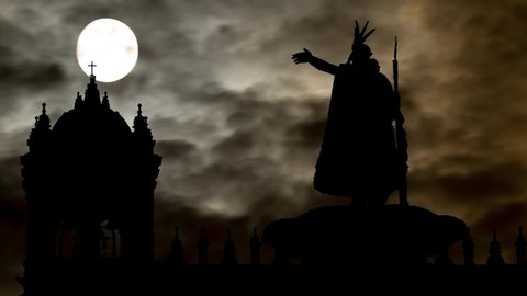 Incas King Pachacutec, Time Lapse by Night with Dark Atmosphere, Full Moon and Silhouette of Monument in Plaza de Armas , Cusco, Peru