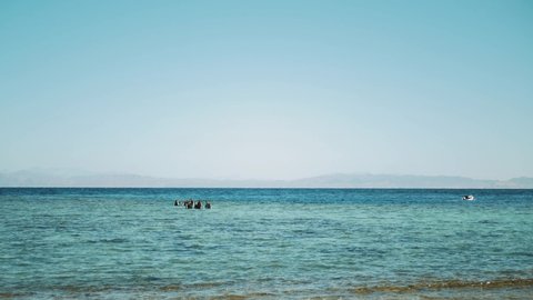 A group of scuba divers go diving in red sea, sunny day and clear water in Dahab, Egypt, 4k