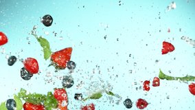 Super slow motion of berries fruit flying up in the air with water splashes. Filmed on high speed cinema camera, 1000 fps. - Powered by Shutterstock - Get 15% off with code: PIKWIZARD15