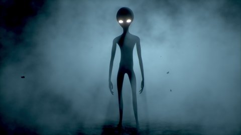Scary gray alien stands and looks blinking on a dark smoky background. UFO futuristic concept. 3D rendering.
