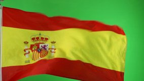 Spain Flag flying in front of Green Screen Chroma key - Spanish flag on Green Background. Stock 4K Video Clip Footage
