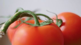 Beautiful Red Ripe Tomatoes on Branch Grown in Greenhouse Closeup. Rotating Fresh Red Cherry Tomatoes on Branch as Background Video Close up. Macro DOF. Organic Food. Vegetarian Vegetable Nutrition.