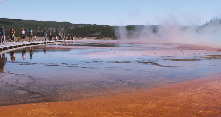 Grand Prismatic Spring iconic hot spring water surface covered with steam in Yellowstone National Park