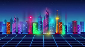 4K footage retro-futuristic 80s style with neon city backgrounds. Seamless loop of cyberpunk cityscape with a moving grid floor. VJ synthwave looping 3D animation for music video - Powered by Shutterstock - Get 15% off with code: PIKWIZARD15