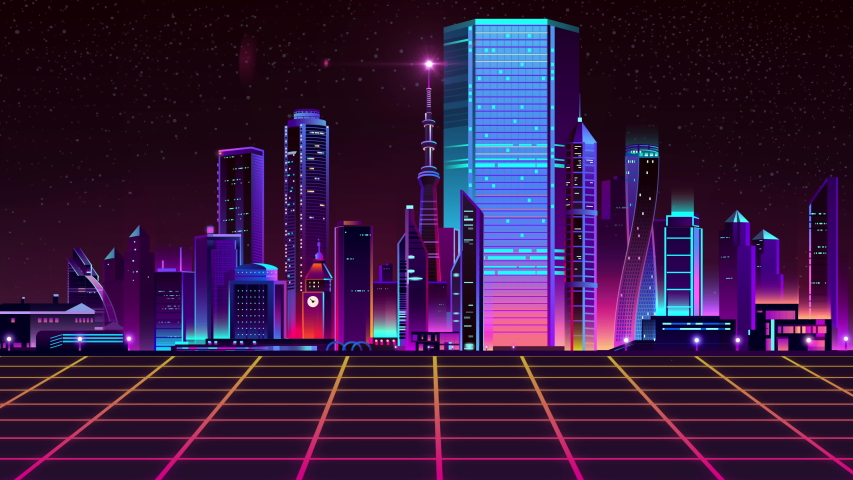 4K footage retro-futuristic 80s style with neon city backgrounds. Seamless loop of cyberpunk cityscape with a moving grid floor. VJ synthwave looping 3D animation for music video
