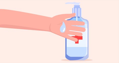 Virus on hand, use liquid antibacterial soap, wash your hands.  Concept of hygiene importance during Covid-19 pandemic worldwide. 2d flat animation