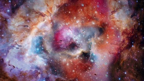 Animation of flying through the stars and interstellar Orion nebulas. Clouds and gas in space. Universe galaxy. Purple celestial nebula constellation and star field in deep outer space.