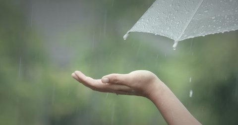 Woman holding umbrella and catching raindrops in her palm under the rain on the road in the rainy day. Slow motion shot.