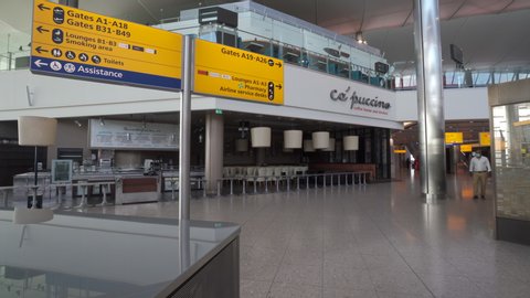 London, England, UK - June, 16, 2020: Heathrow Airport empty with people ready to travel for work and holidays wearing masks during the pandemic corona virus covid 19 
