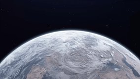 Amazing beautiful sunset from space on our planet earth with reflecting oceans, atmosphere, clouds, stars and lights in the night. Reverse video for sunrise. High quality realistic 3D Globe 4K 50fps.
