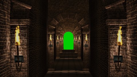 Medieval corridor with green screen 3d render