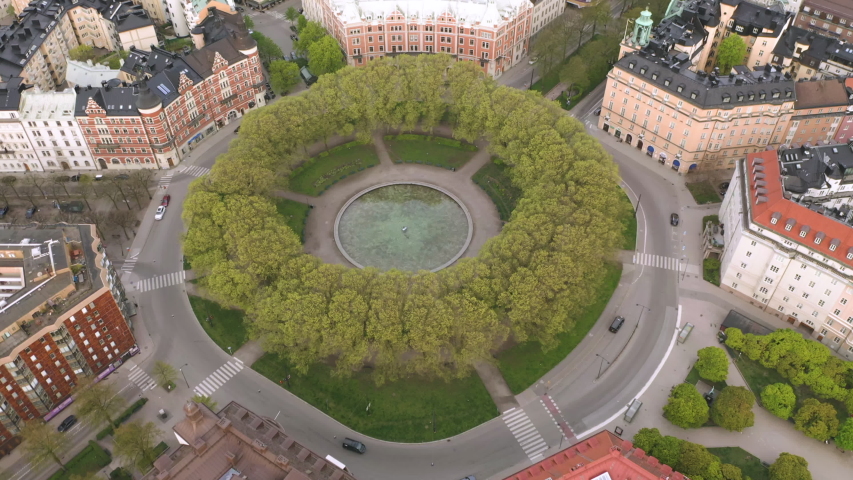 Aerial view Karlaplan Park, Square and Fountain in Stockholm, Sweden. Top downview.