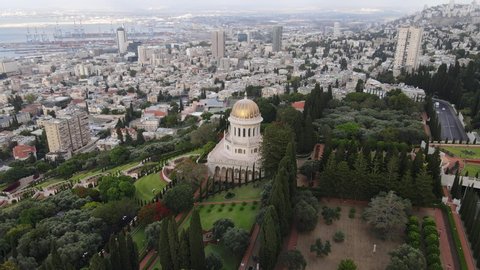Haifa, Israel, June 19, 2020 : Aerial view of downtown of Haifa, Bahai Garden and Bahai Temple in Haifa, Israel
