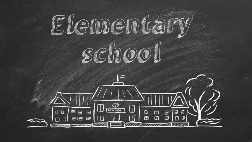 School building  and lettering Elementary school on blackboard. Hand drawn sketch. Royalty-Free Stock Footage #1054840631