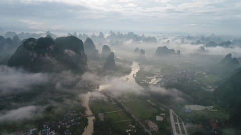 aerial view of Li River and Karst mountains. Located near Yangshuo County, Guilin City, Guangxi Province, China