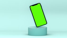 4k footage of a smartphone with green screen on 3D podium rendered isolated on a cyan blue background for screen mockup replacement 