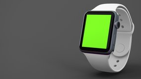4k footage in slow motion camera of a 3D rendered smartwatch with screen screen for mockup screen replacement or chroma key video editing. Copy space for text placement
