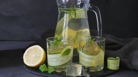 Lemon drink with cucumber and mint. Cooling drink.  Pour a drink into a glass