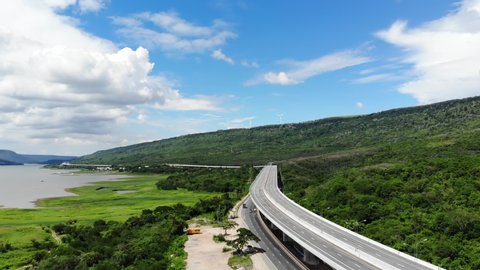 Aerial view new road intercity Motorway Nakhon Ratchasima - Bangpa In, The road pass through Lamtakong dam and mountain area is the most beautiful point of this road.