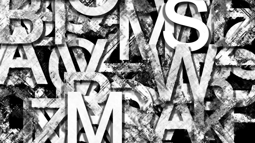 Looped background of big, bold, black and white dirty letters crammed together. Glitch cross-hatching dirt flashes over the letters. Any project where you want to put an edgy, chaotic mood.
