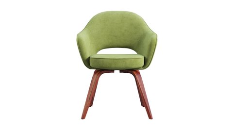 Circular animation of green fabric chair with wooden legs on white background. Mid-century modern wooden frame chair. Turntable 3d render